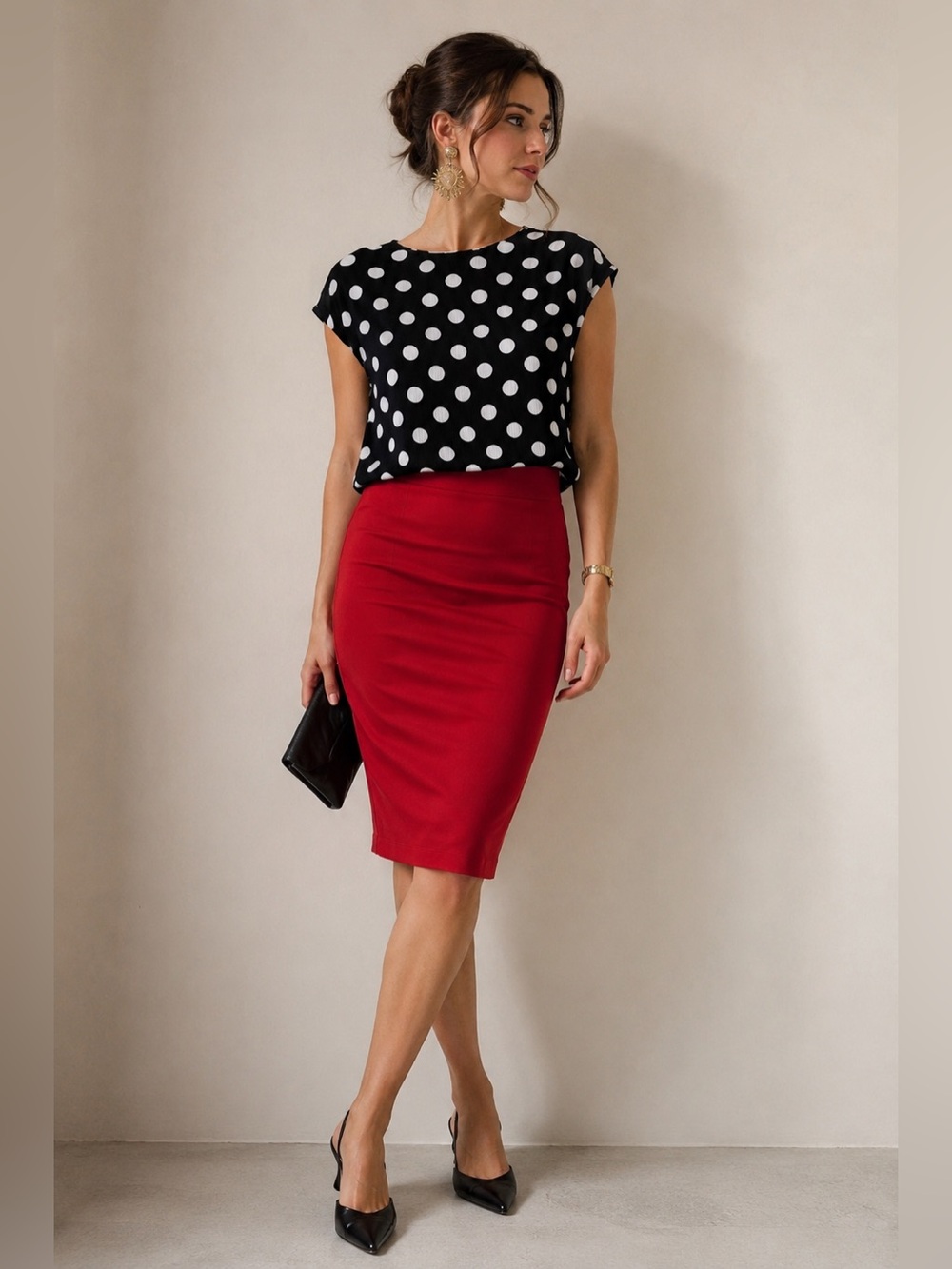 Spare Change | VTG Black & White Polka Dot Blouse w/Plissé-like Fabric, Size L